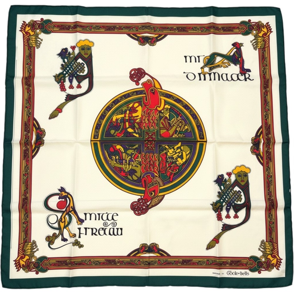 Book of Kells Celtic Illuminated Manuscript Scarf Green Cream Square One Size